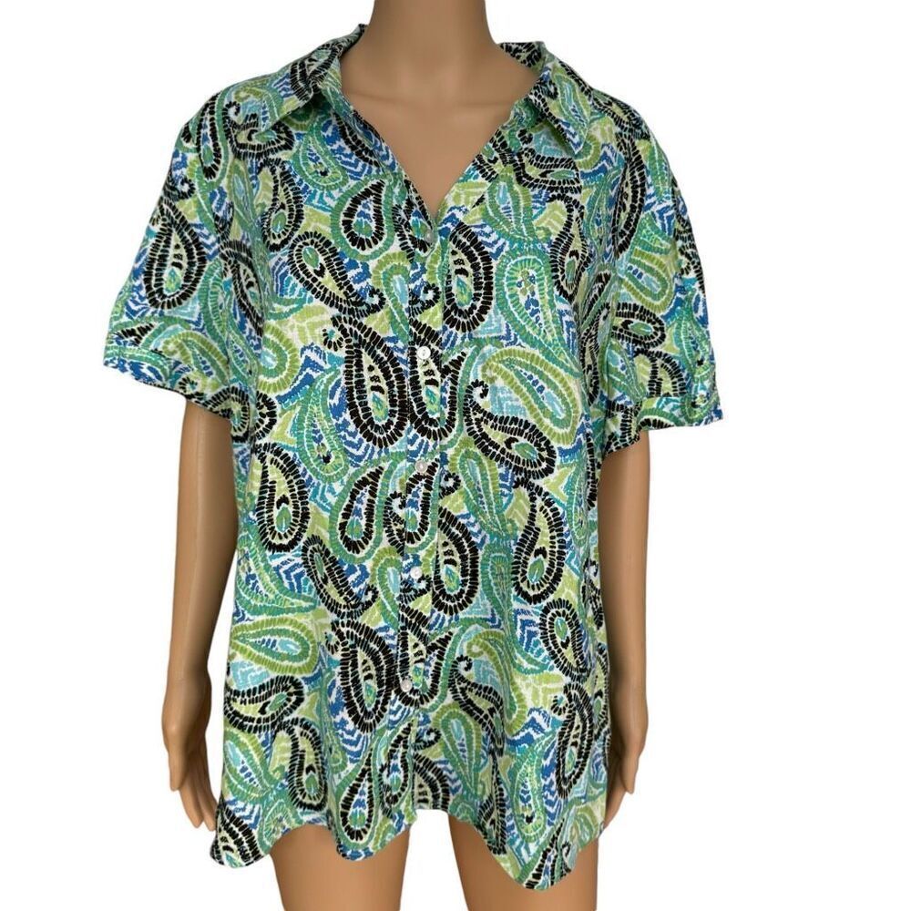 Kim Rogers Button Up paisley print 100% Linen Short Sleeve blouse shirt top